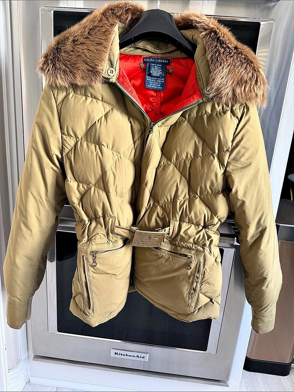 Ralph Lauren Quilted Italian Lamb Fur Collar Puffer in Khaki Brown Like New